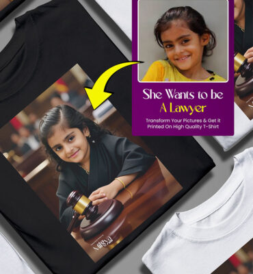 Customized lawyer-themed t-shirt design for kids in Karachi using AI photo transformation.