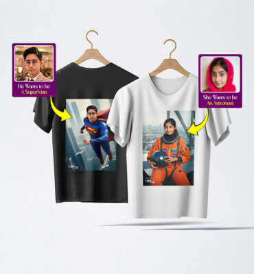 Customized Superman t-shirt design for kids in Karachi using AI-generated superhero transformation.