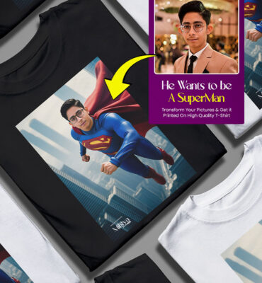 Customized Superman t-shirt design for kids in Karachi using AI-generated superhero transformation.
