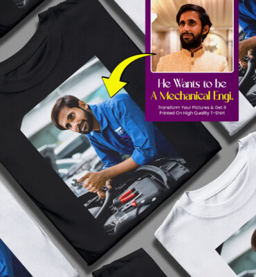 Custom design t-shirt featuring a young boy portrayed as a mechanical engineer, wearing a blue uniform and working with tools in a garage setting. The design is a custom photo transformation printed on a high-quality custom t-shirt by Milgya Store. Multiple folded t-shirts are displayed around the main one, showcasing premium print quality. A label on the image encourages viewers to “transform your pictures and get it printed,” promoting personalized clothing. This customized t-shirt in Karachi highlights Milgya Store’s specialty in custom photo design for kids who dream big.
