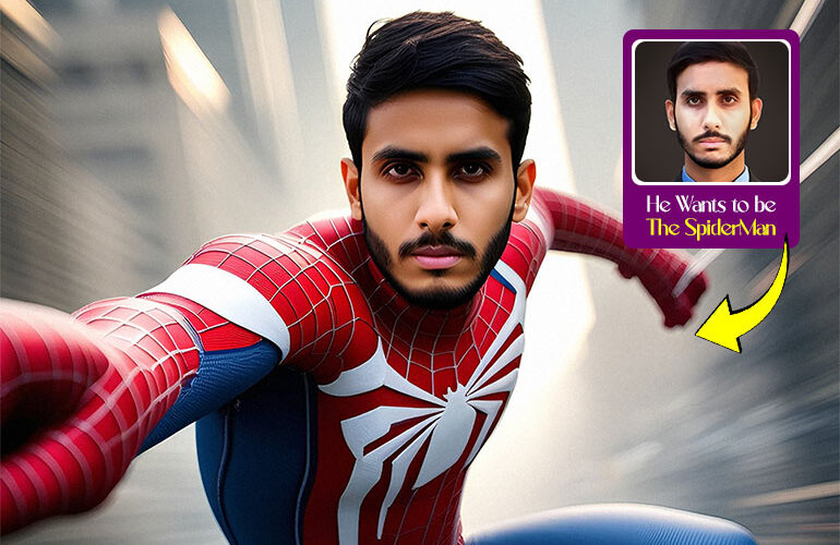 Custom design spiderman t-shirt featuring a young boy transformed into Spider-Man using custom photo design, printed on high-quality fabric by Milgya Store. The image shows the boy in a Spider-Man suit swinging through a cityscape, surrounded by other customized t-shirts in Karachi. A separate cutout photo shows his real image with a label that reads “He wants to be The Spider-Man.”