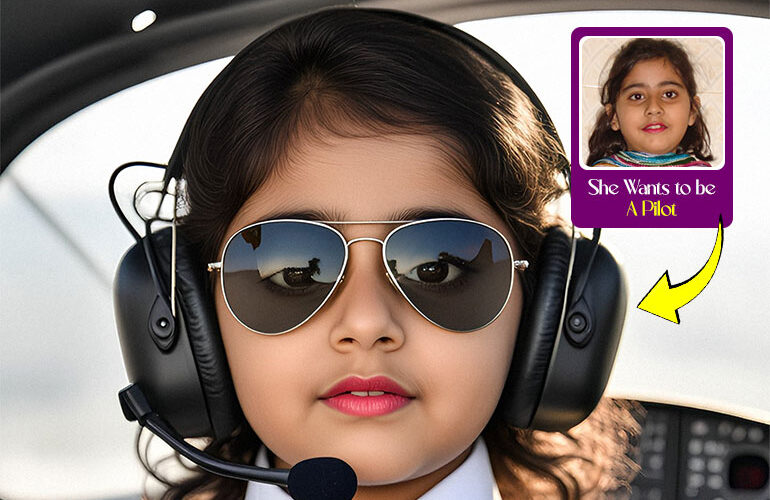 A custom design pilot t-shirt showing a young girl transformed into a pilot, wearing aviator sunglasses and a pilot uniform, printed on a high-quality black t-shirt by Milgya Store in Karachi. This customized t-shirt in Karachi features a custom photo design ideal for kids who dream of becoming a pilot.