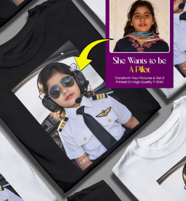 A custom design pilot t-shirt showing a young girl transformed into a pilot, wearing aviator sunglasses and a pilot uniform, printed on a high-quality black t-shirt by Milgya Store in Karachi. This customized t-shirt in Karachi features a custom photo design ideal for kids who dream of becoming a pilot.