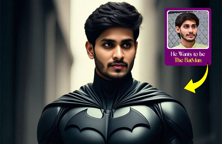 Custom Batman t-shirt in Karachi featuring a personalized photo design of a boy transformed into Batman, printed on high-quality fabric by Milgya Store, ideal for kids who love superheroes and want a customized t-shirt with their favorite character.