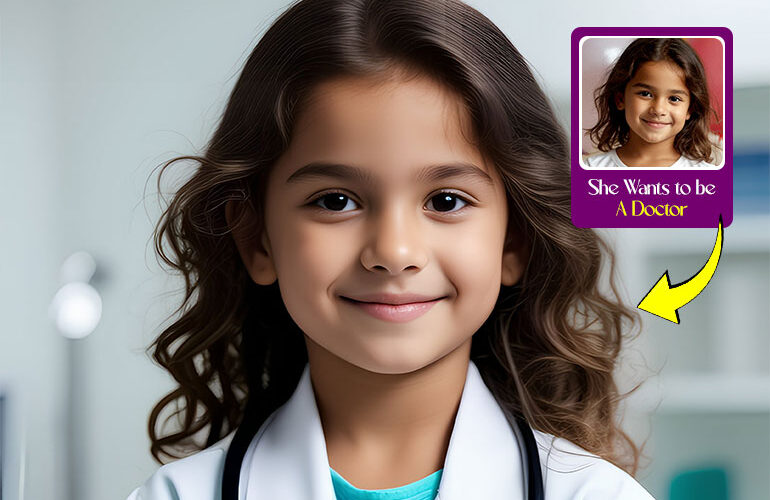 Young girl smiling in a white coat with a stethoscope, custom doctor t-shirt designed and printed in Karachi by Milgya Store.