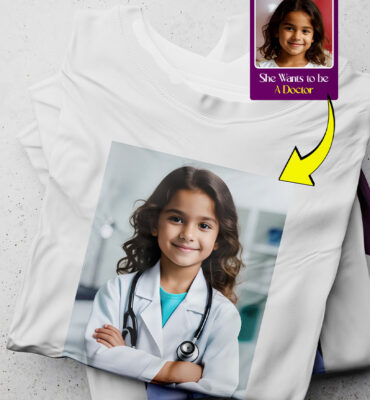Custom t-shirt featuring a custom photo design of a young girl as a future doctor — customized t-shirt in Karachi.