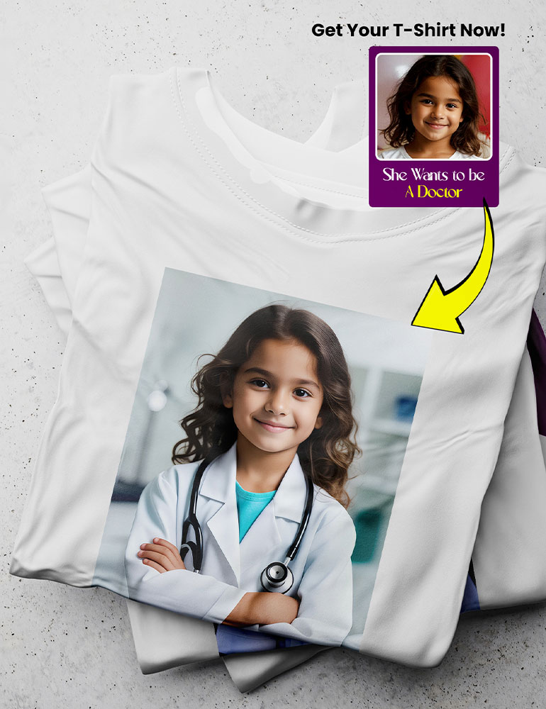 Custom t-shirt featuring a custom photo design of a young girl as a future doctor — customized t-shirt in Karachi.