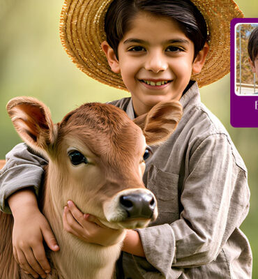 Custom Bakra Eid t-shirt design showing a smiling boy in farmer clothes hugging a calf, printed on a white t-shirt – perfect for Eid celebrations in Karachi.