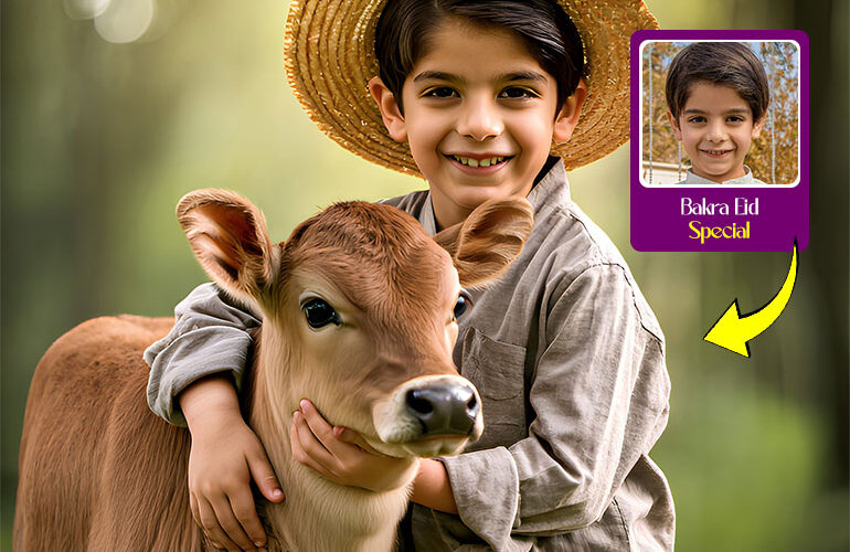 Custom Bakra Eid t-shirt design showing a smiling boy in farmer clothes hugging a calf, printed on a white t-shirt – perfect for Eid celebrations in Karachi.