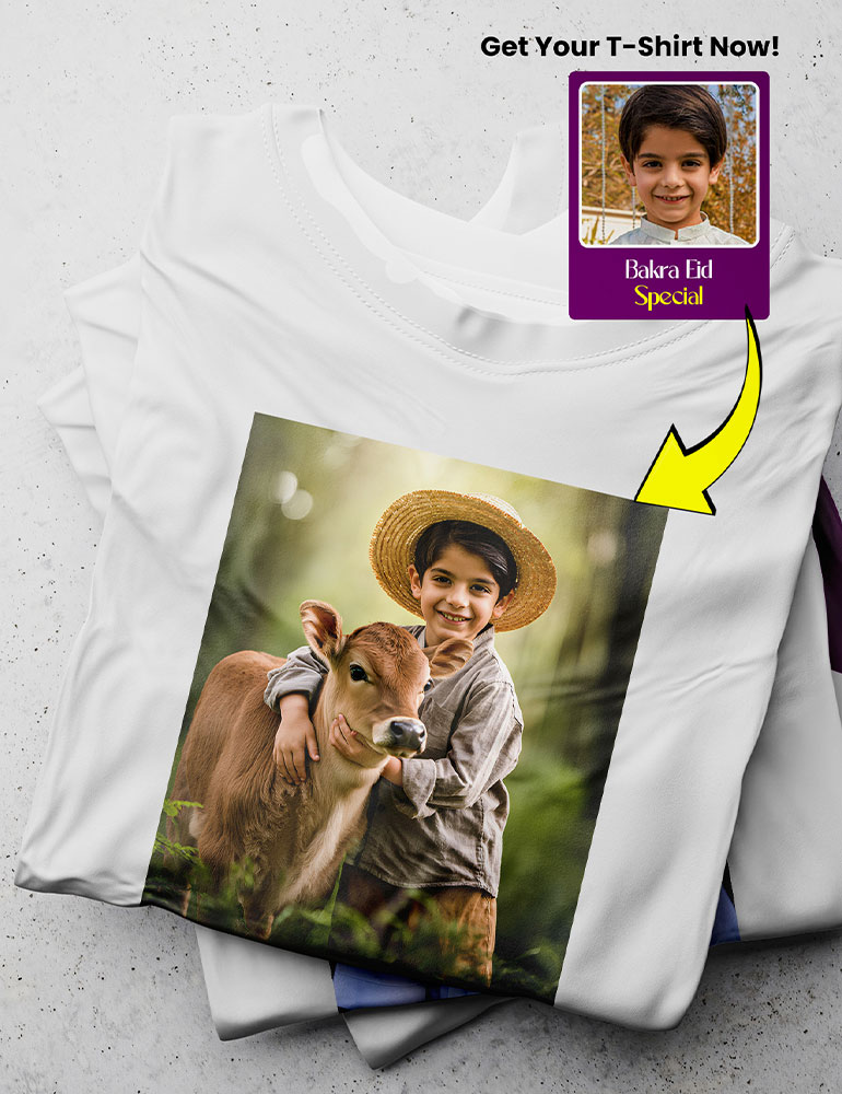 Custom Bakra Eid t-shirt design showing a smiling boy in farmer clothes hugging a calf, printed on a white t-shirt – perfect for Eid celebrations in Pakistan.