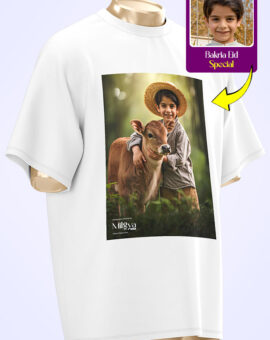 Custom Bakra Eid t-shirt design showing a smiling boy in farmer clothes hugging a calf, printed on a white t-shirt – perfect for Eid celebrations in Karachi.