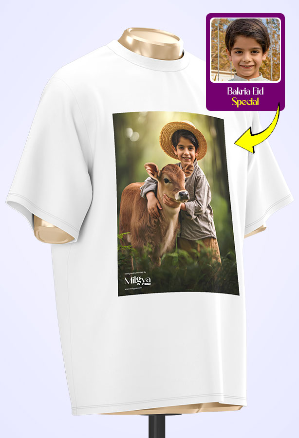 Custom Bakra Eid t-shirt design showing a smiling boy in farmer clothes hugging a calf, printed on a white t-shirt – perfect for Eid celebrations in Karachi.